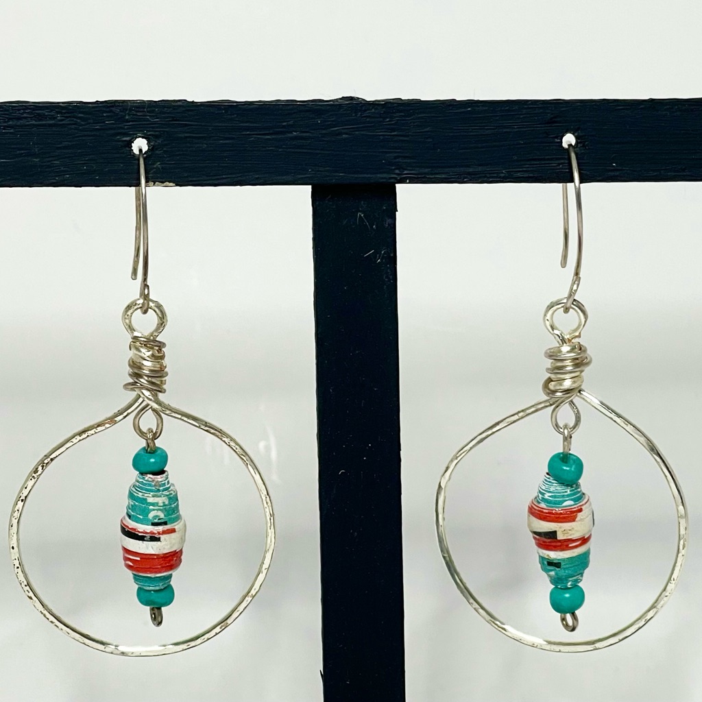 Handmade Recycle Paper Bead Dangle Earrings Turquoise Orange Silver Plate Wire